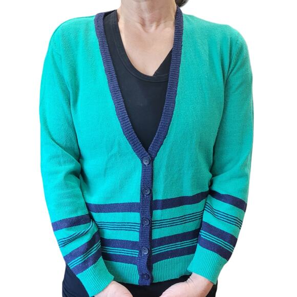 BEDFORD FAIR Womens Blue Silk Turquoise Cardigan Sweater Medium Striped V-Neck - Picture 3 of 9